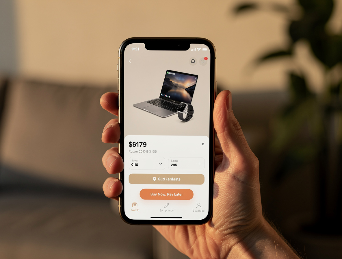 Смартфон с интерфейсом покупки в рассрочку на фоне домашнего уюта.