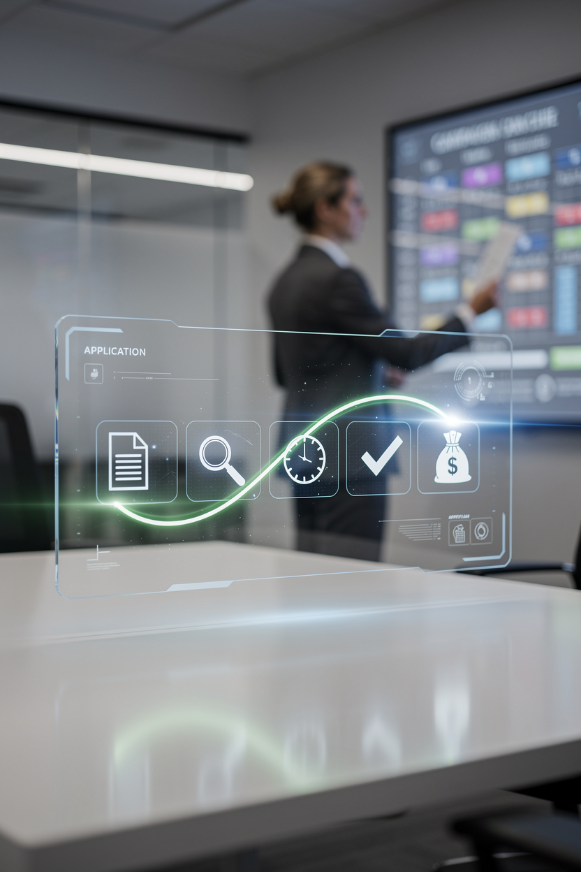 Концептуальное изображение этапов оформления и получения средств с прозрачной панелью и символами шагов в современном офисе.