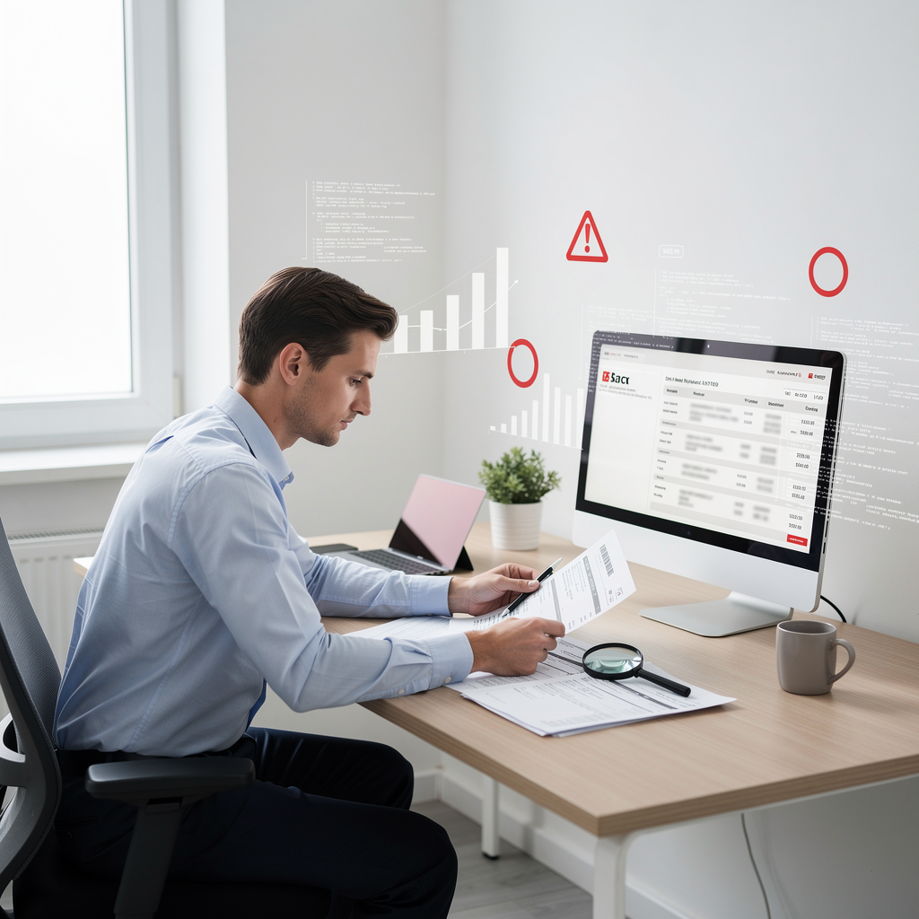 Человек анализирует банковскую выписку в офисе, символизируя решение проблем с овердрафтом.