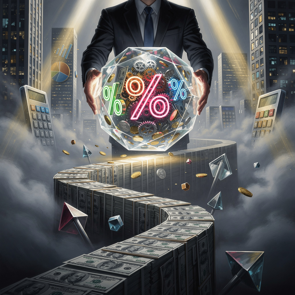 Сюрреалистичная сфера с процентами и монетами в руке силуэта на пути из денег, символизирующая процентные ставки и дополнительные платежи в абстрактном городе.