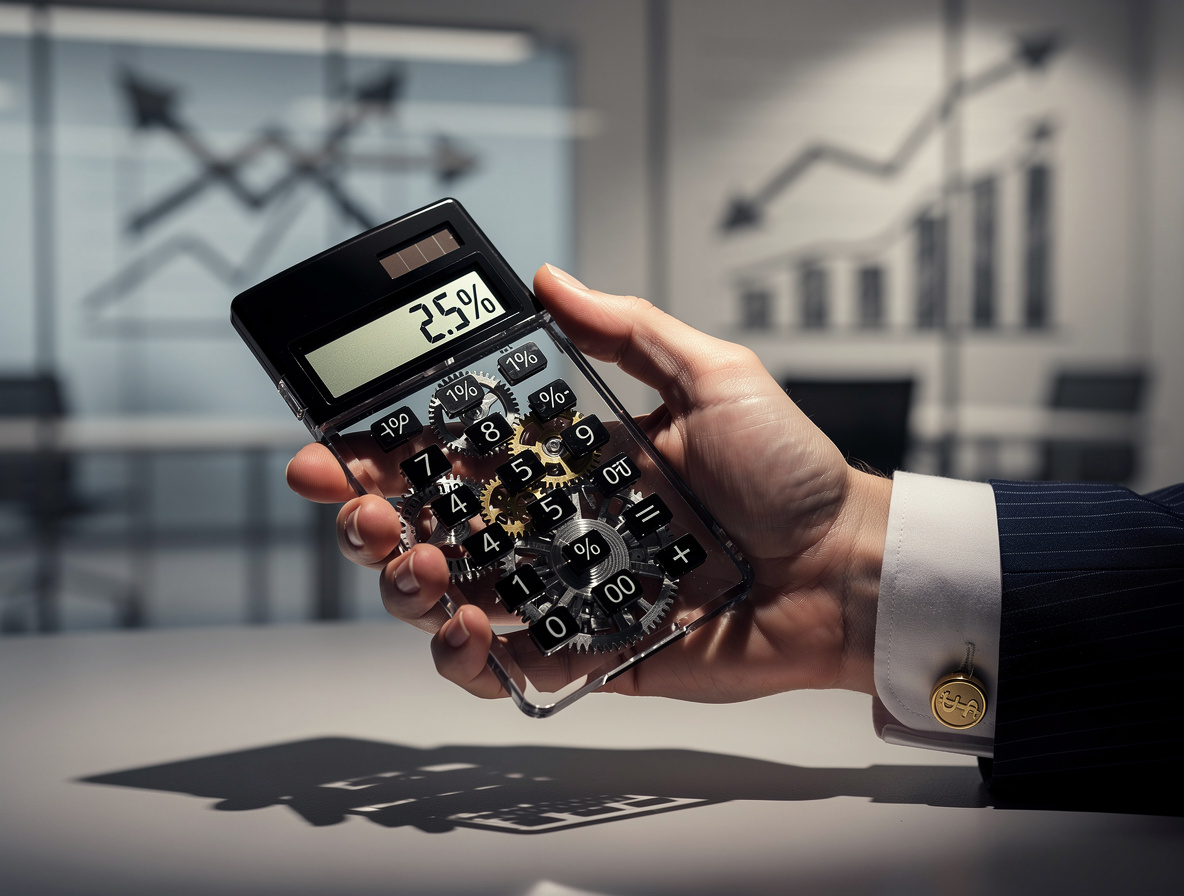 Калькулятор с прозрачным корпусом показывает скрытые механизмы манипуляций процентными ставками в офисе.