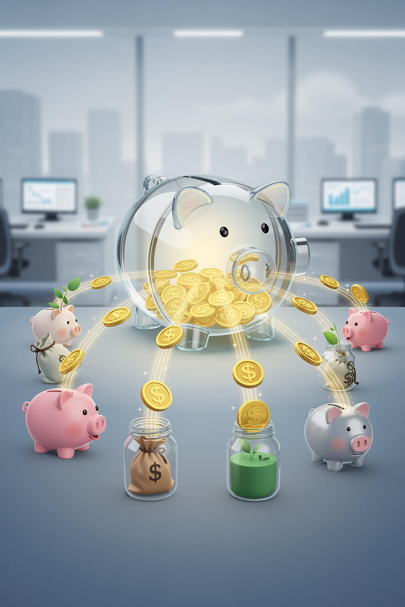 Иллюстрация процесса объединения нескольких микрозаймов в один банковский кредит, показывающая поток денег из мелких источников в центральный банковский объект.