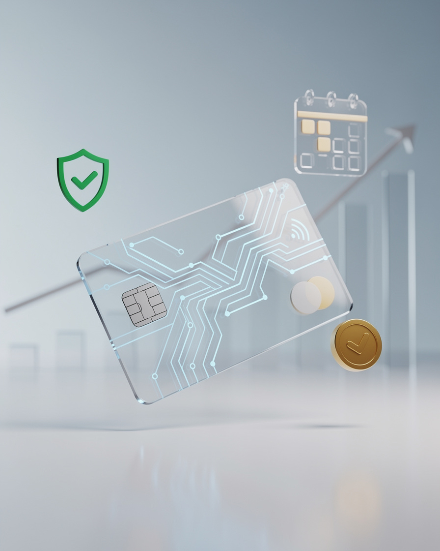 Умная прозрачная кредитная карта в современной финансовой обстановке, символизирующая управление без переплат.