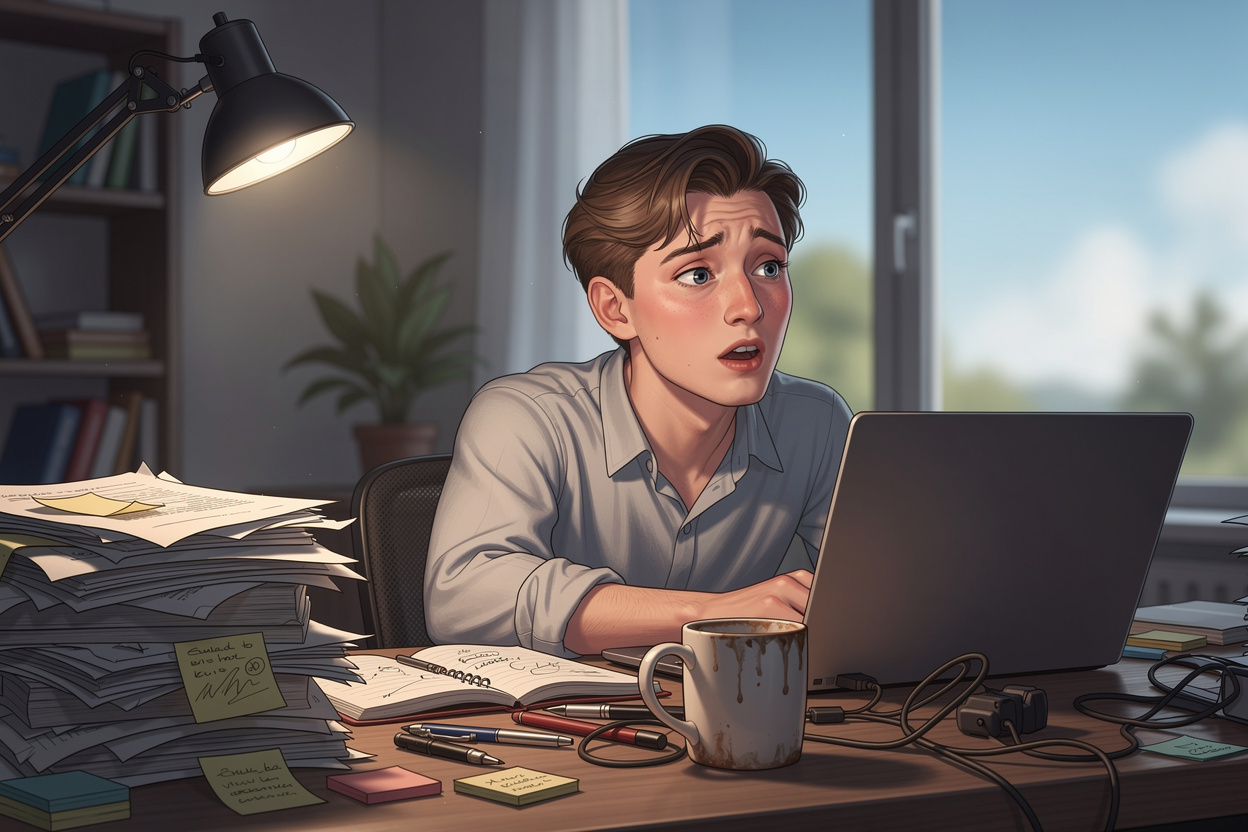 Человек совершает ошибку на видеозвонке из-за плохого освещения и отвлечения в офисе.