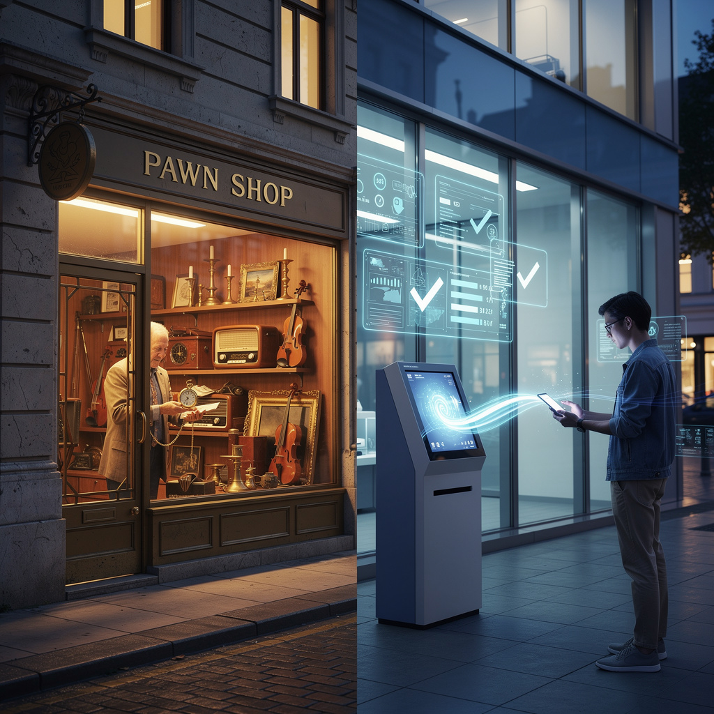 Контрастное изображение ломбарда и МФО в городской среде, показывающее различия в залоговом и быстром кредитовании.