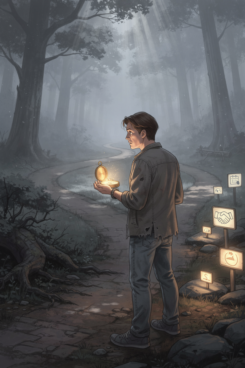 Человек с компасом на перепутье в туманном лесу, символизирующий поиск решений при проблемах с долгами.