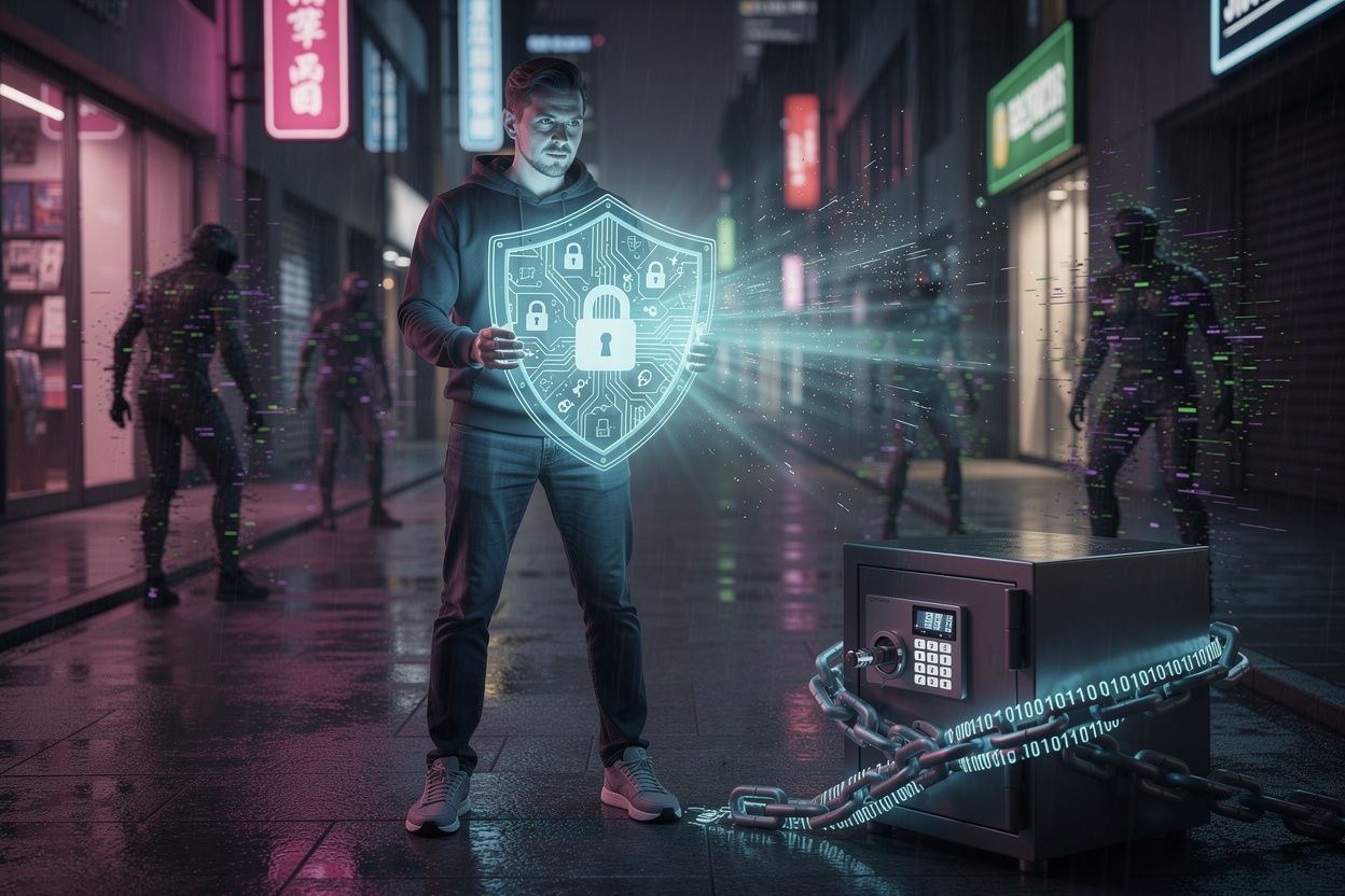 Человек с защитным щитом в ночном городе, охраняющий сейф от цифровых угроз.