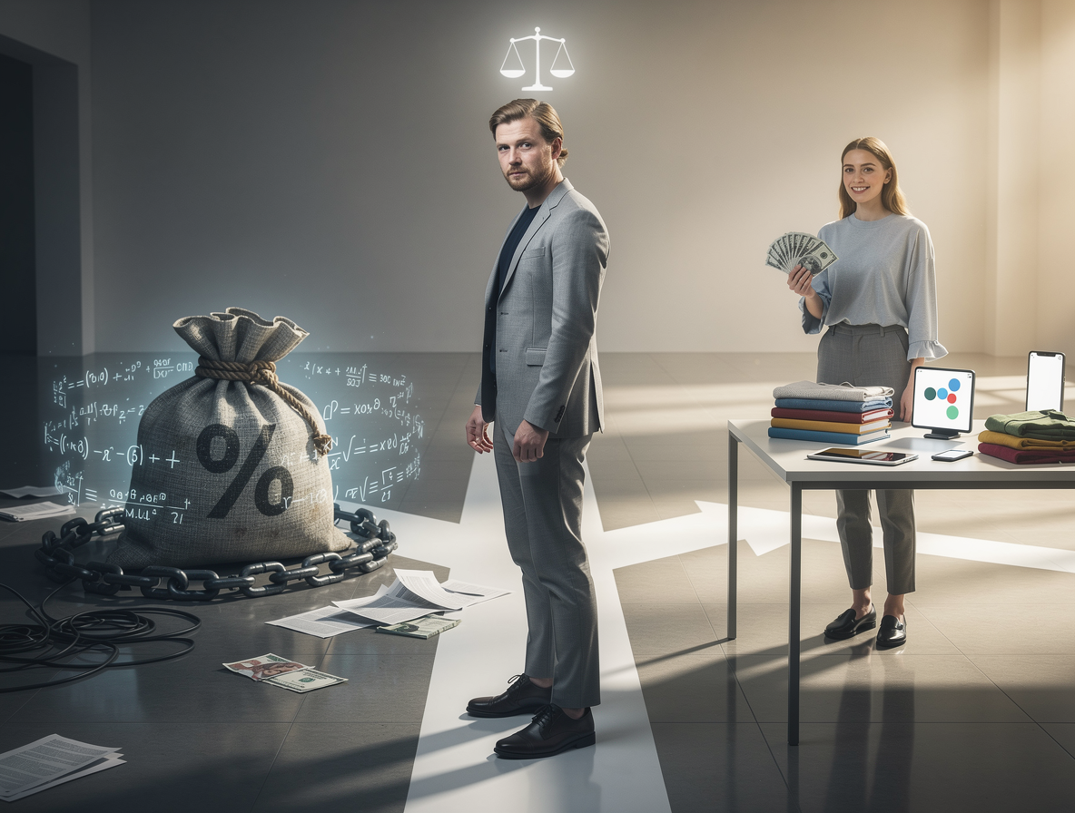 Человек на распутье между выбором: слева - займ с процентами и цепями, справа - продажа вещей на Авито с деньгами и порядком.