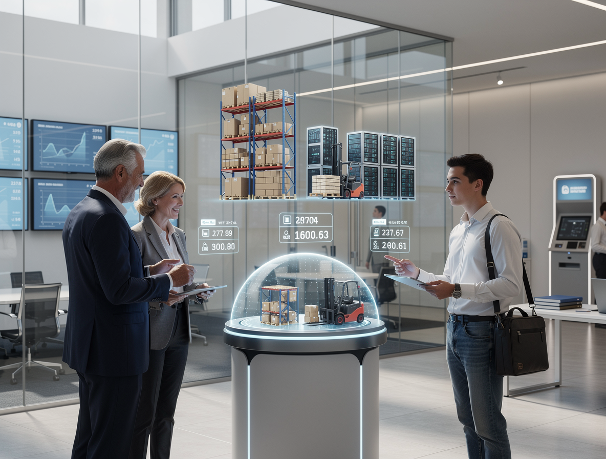 Иллюстрация современного банка с клиентами, обсуждающими рассрочку на оборудование для склада и компьютеров, в прозрачной и технологичной обстановке.