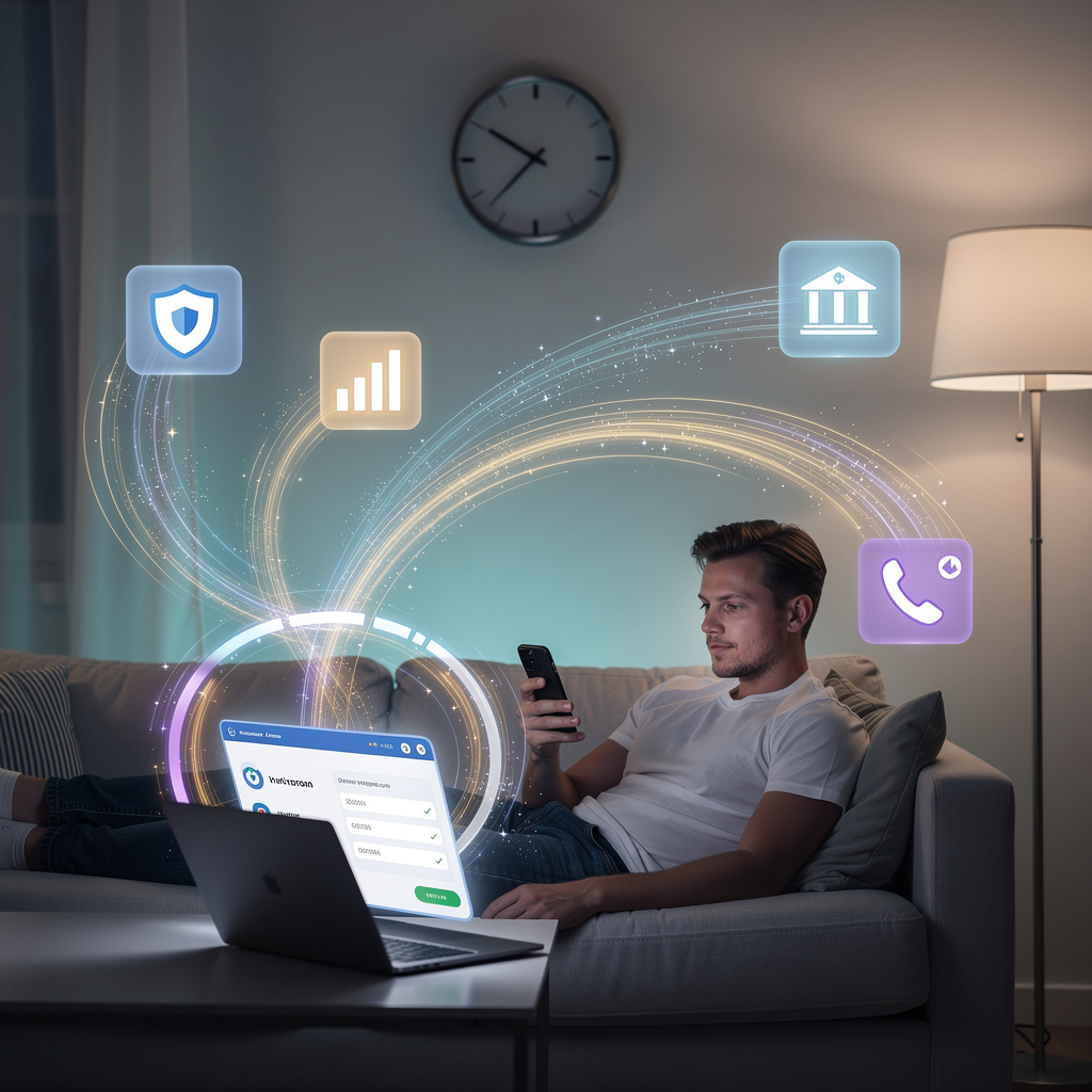 Человек дома быстро заполняет заявку на микрозайм через смартфон, с потоками данных, идущими к различным базам, символизирующими автоматизированное одобрение.