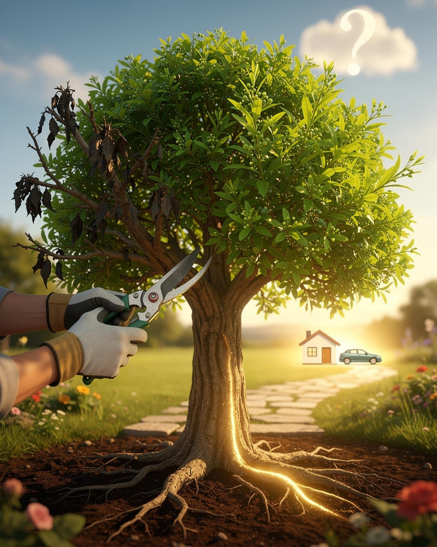 Дерево кредитной истории с корнями и листьями, символизирующими факторы влияния, и садовником, подрезающим плохие ветви.