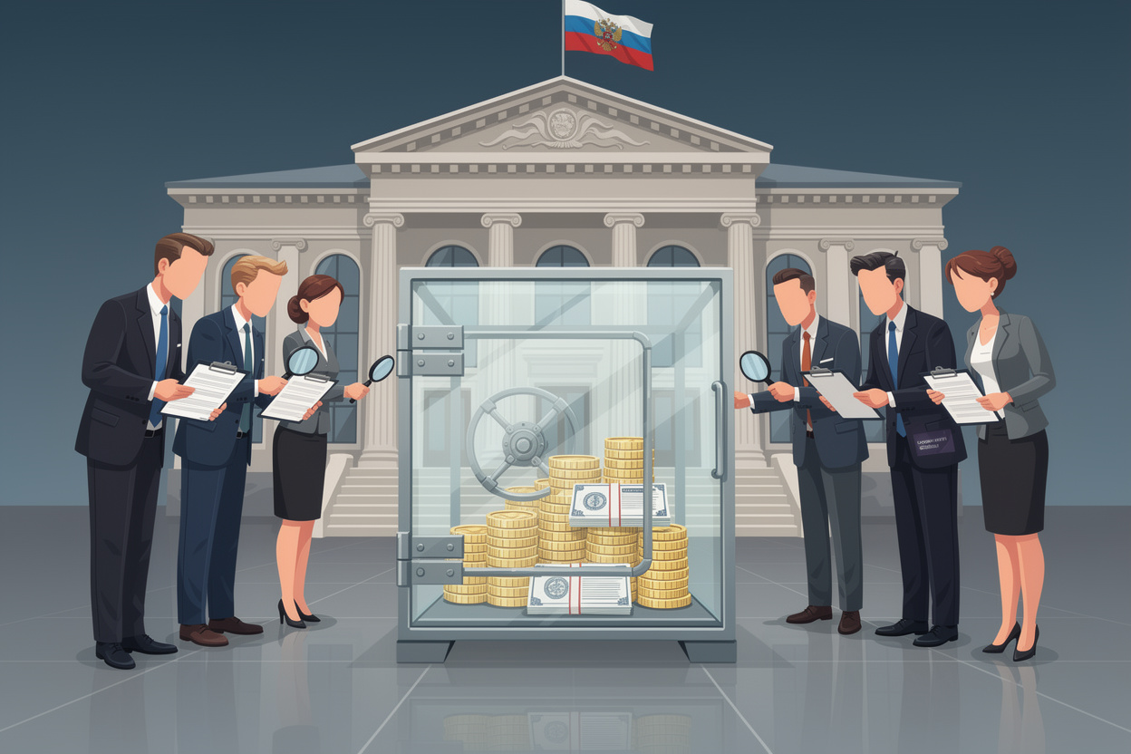 Символическое изображение строгого государственного контроля над финансовыми кооперативами, с прозрачным сейфом, регуляторами и зданием Центрального банка.