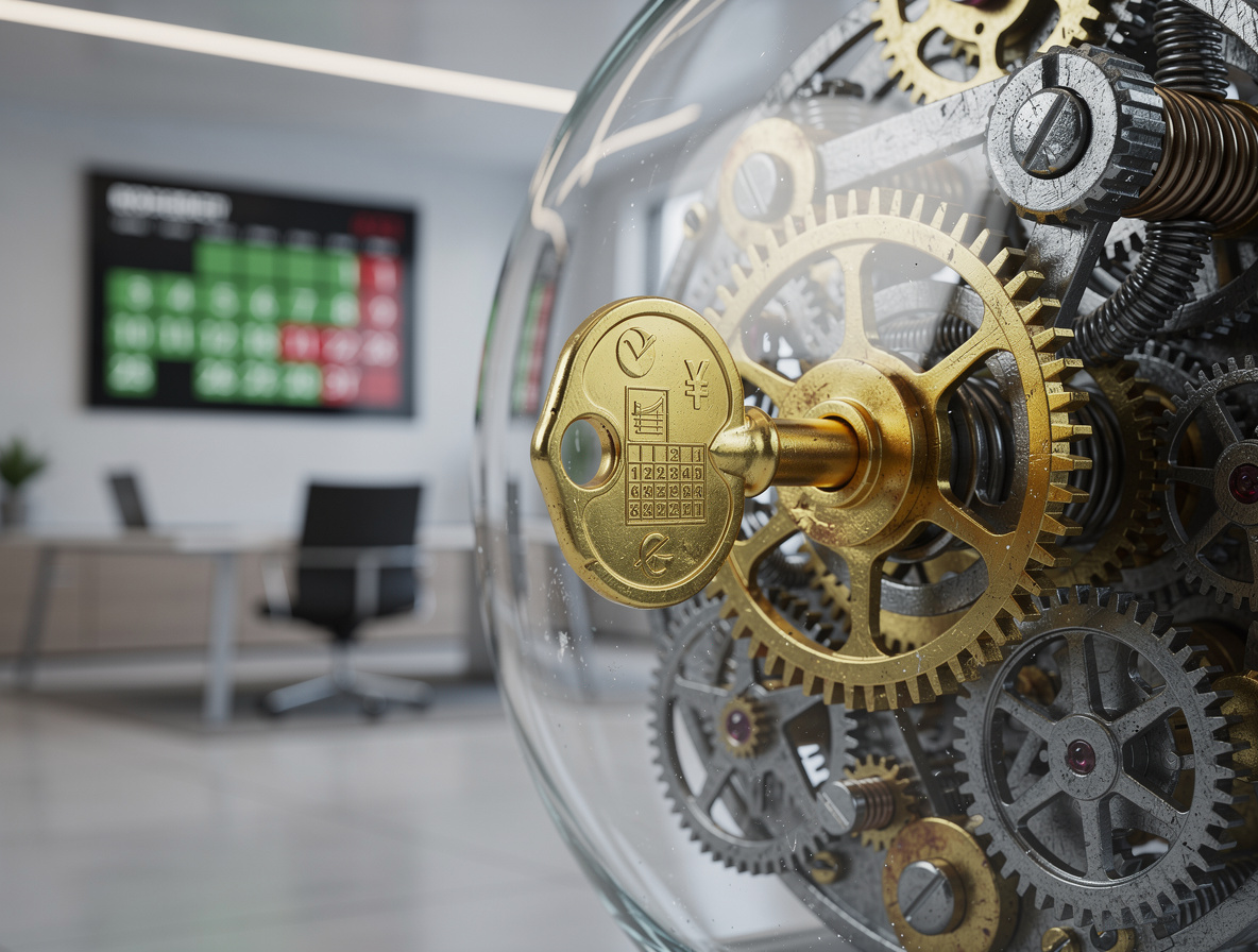 Золотой ключ в механизме часов на фоне офиса, символизирующий своевременное погашение и продление кредита.