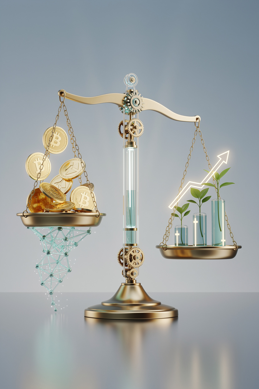 Абстрактное изображение золотых весов, балансирующих приток средств и их инвестирование в сети.