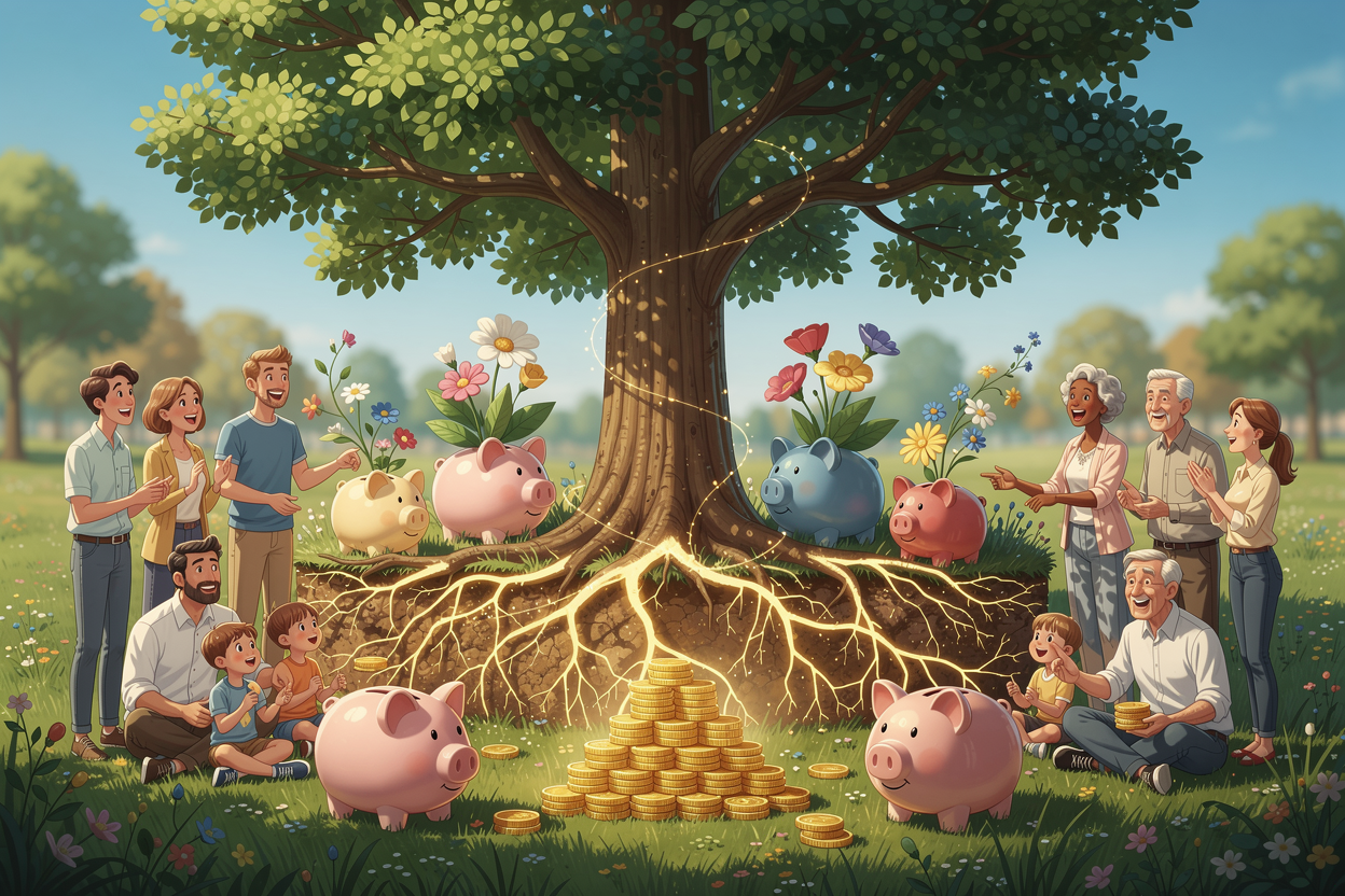 Люди в парке взаимодействуют с символами финансового роста и долгосрочных сбережений, такие как дерево с корнями-сетями и монеты, в атмосфере доверия и сообщества.