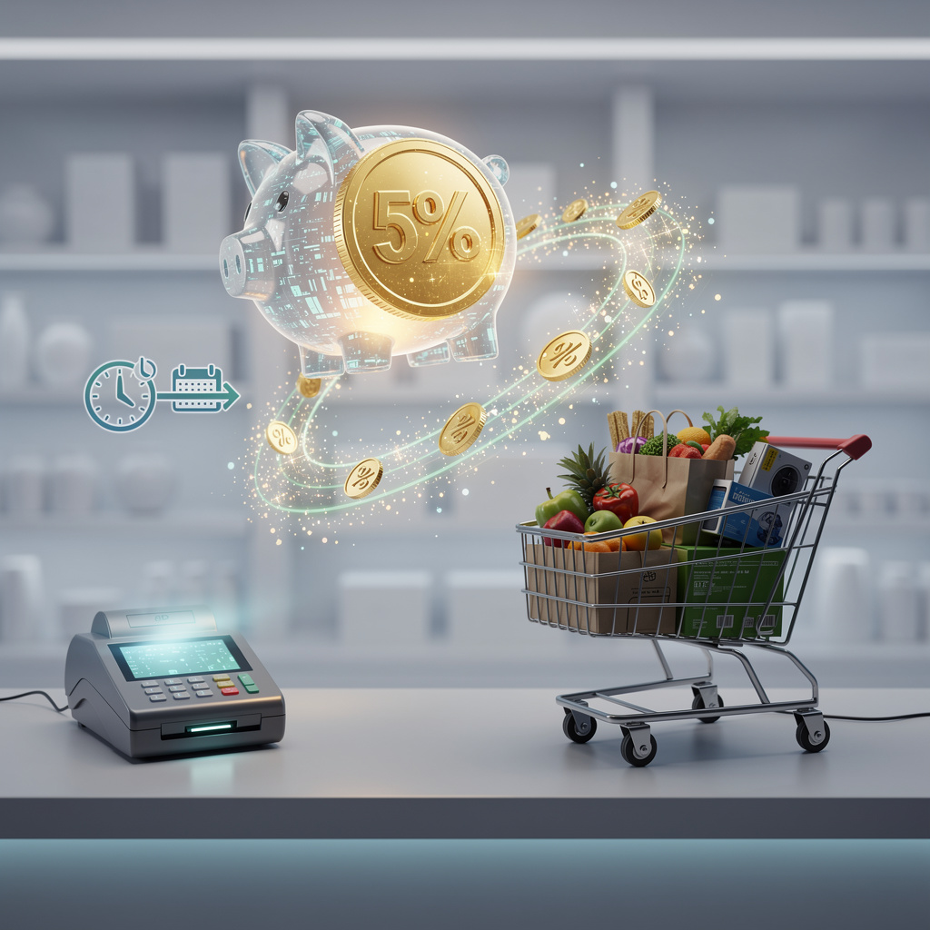 Стилизованная иллюстрация механизма кешбэка с цифровой копилкой, возвращающей монеты к корзине покупок в футуристическом магазине.