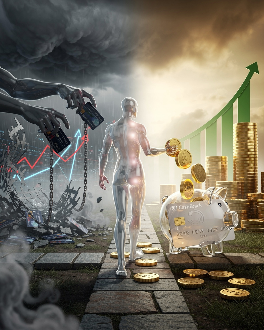 Концептуальная сцена перехода от долгов к накоплению с помощью кешбэк-карты.