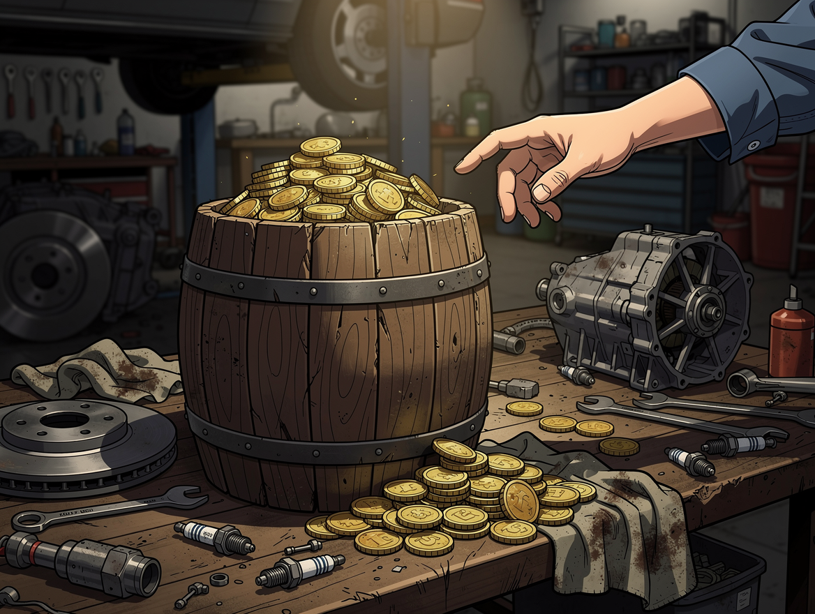 Рука тянется к переполненной бочке с монетами на фоне автосервиса, символизируя неконтролируемый отток средств.