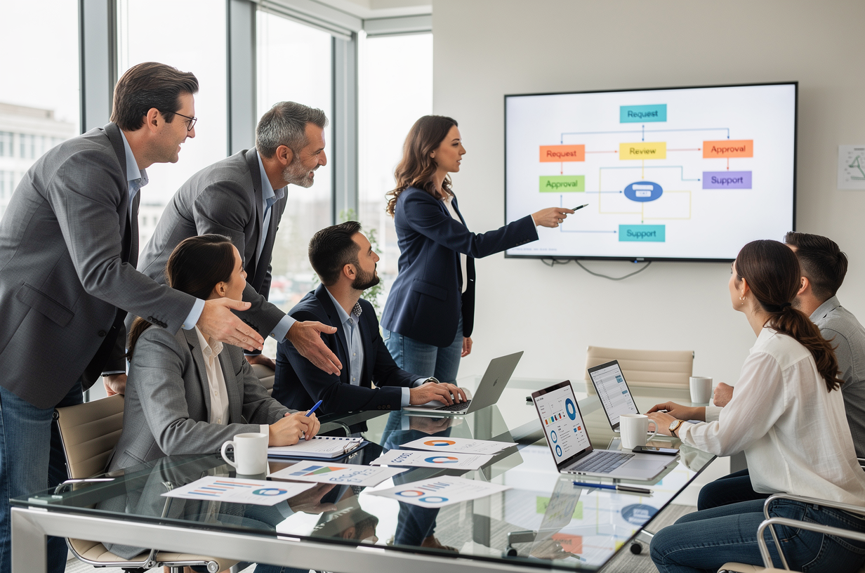 Команда профессионалов обсуждает процесс финансовой помощи сотрудникам в современном офисе, визуализируя решение практических вопросов.