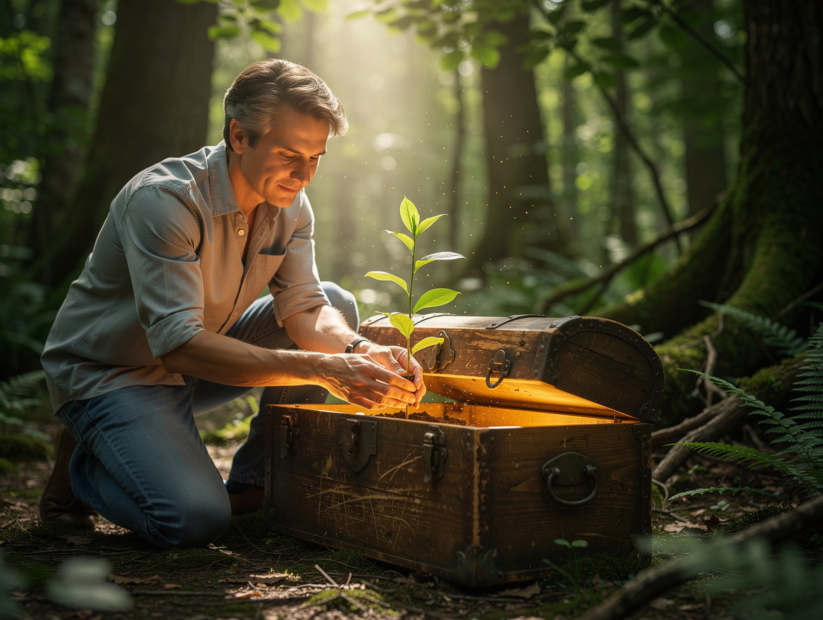 Человек бережно ухаживает за молодым ростком, пробивающимся из сундука, символизируя рост и развитие после получения государственной поддержки.