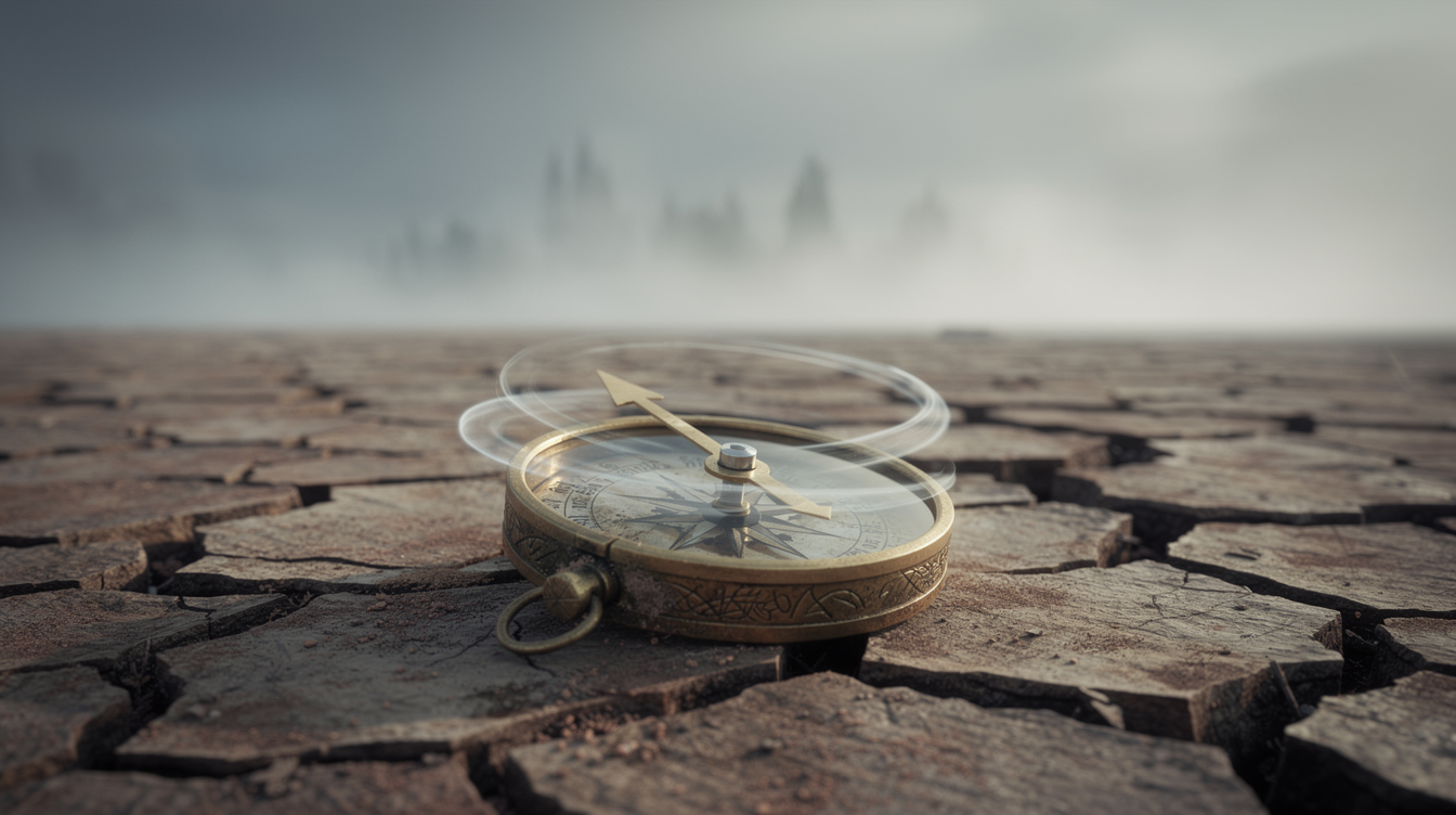 Компас, указывающий в разные стороны на потрескавшейся земле, символизирующий неопределенность.