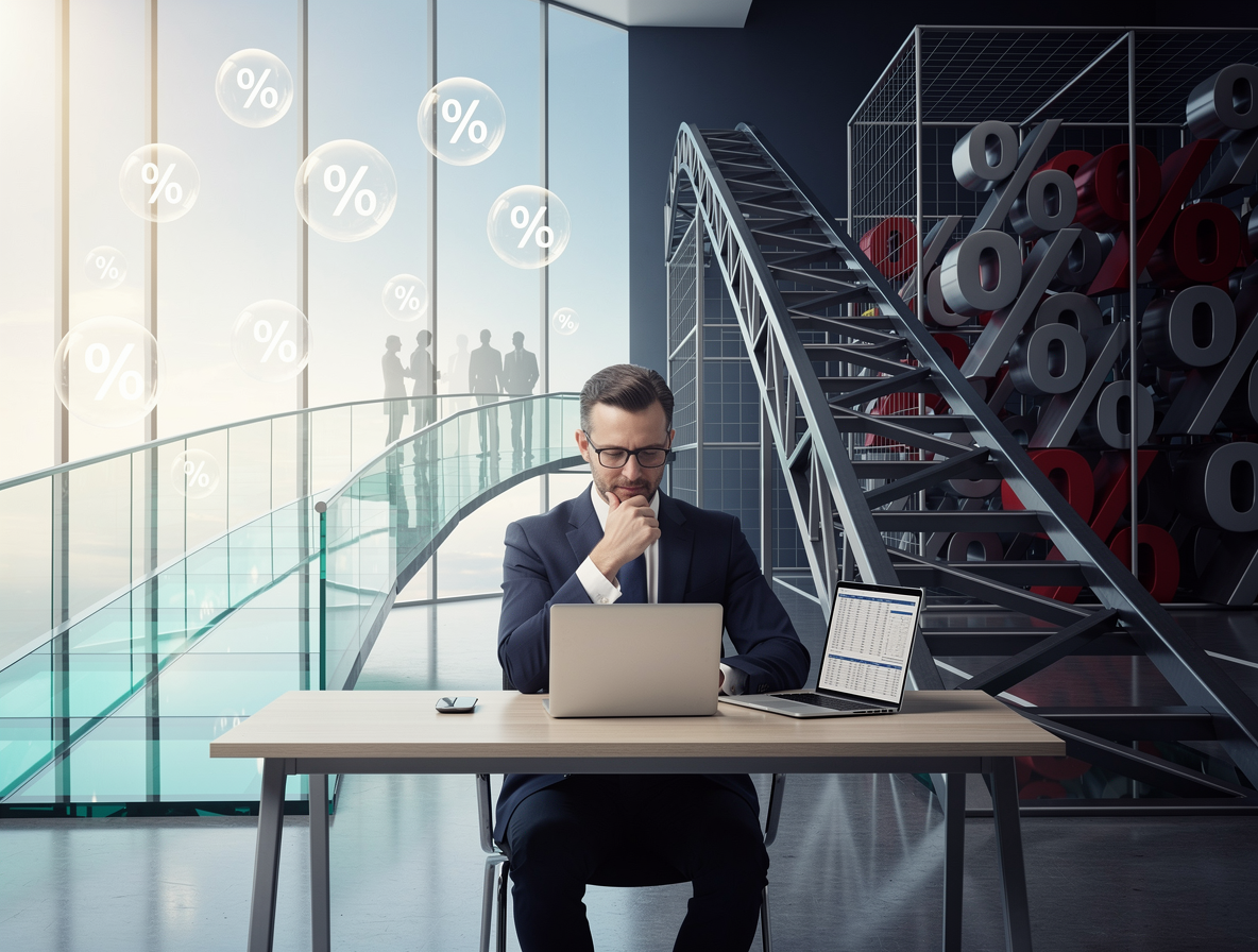 Концептуальное изображение сравнения финансовых путей: директор выбирает между прозрачным P2P-мостом и узкой MFO-дорогой с высокими процентами.