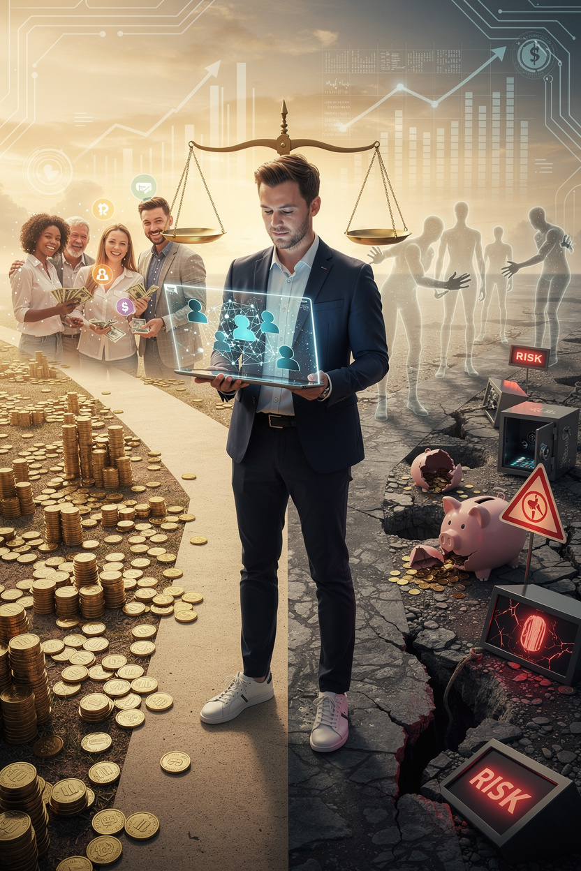 Инвестор на перепутье между возможностями и рисками P2P-кредитования в абстрактном финансовом пейзаже.