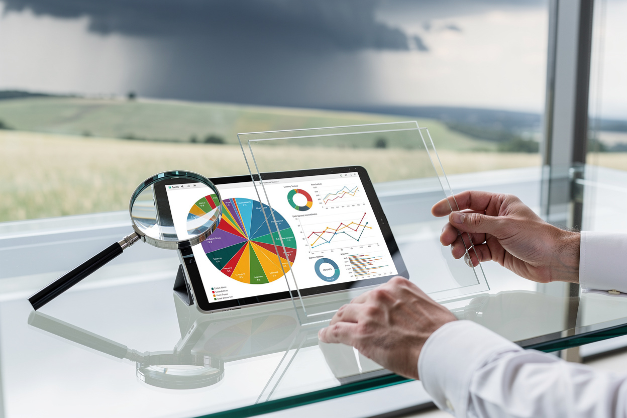 Инвестиционный стол с диверсифицированными графиками P2P-кредитов, анализируемыми под увеличительным стеком, на фоне стабильного пейзажа и далёкой бури.